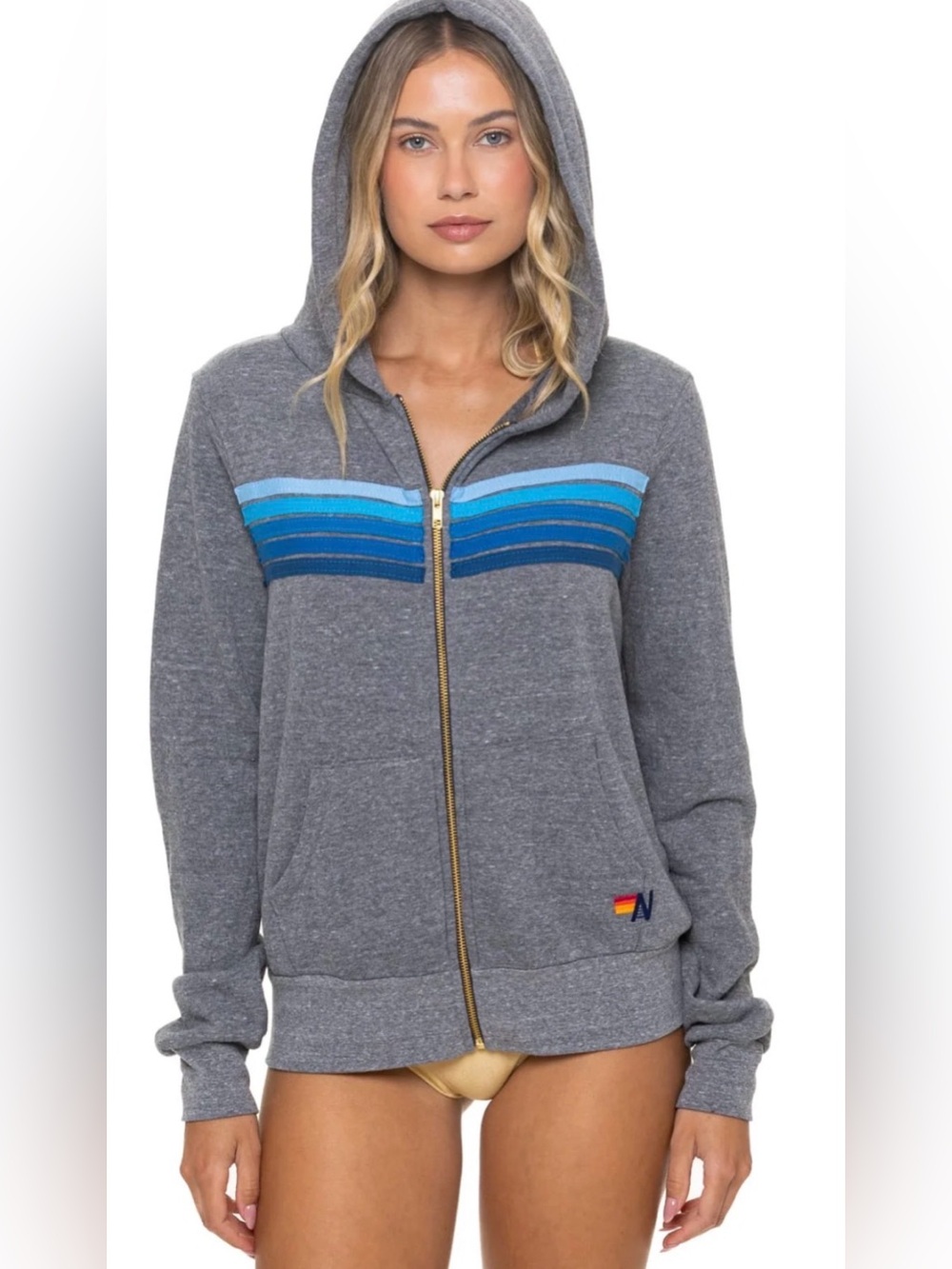 Aviator nation woman’s Gray Zip-Up Hoodie with Blue Stripe Accents
